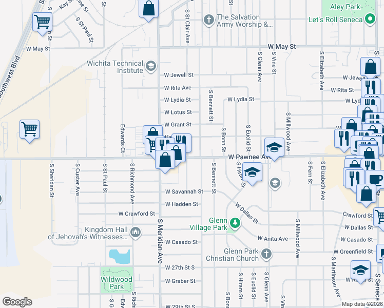 map of restaurants, bars, coffee shops, grocery stores, and more near 2336 South Saint Clair Street in Wichita