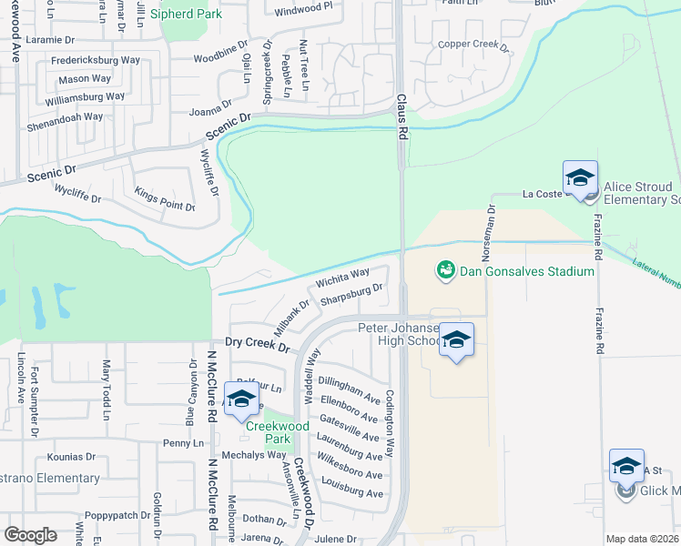 map of restaurants, bars, coffee shops, grocery stores, and more near 3809 Wichita Way in Modesto