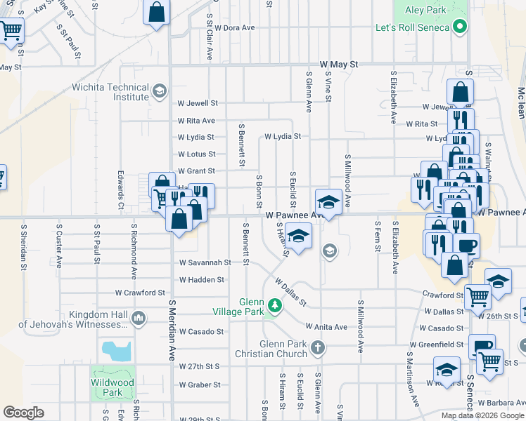 map of restaurants, bars, coffee shops, grocery stores, and more near 2338 South Bonn Street in Wichita