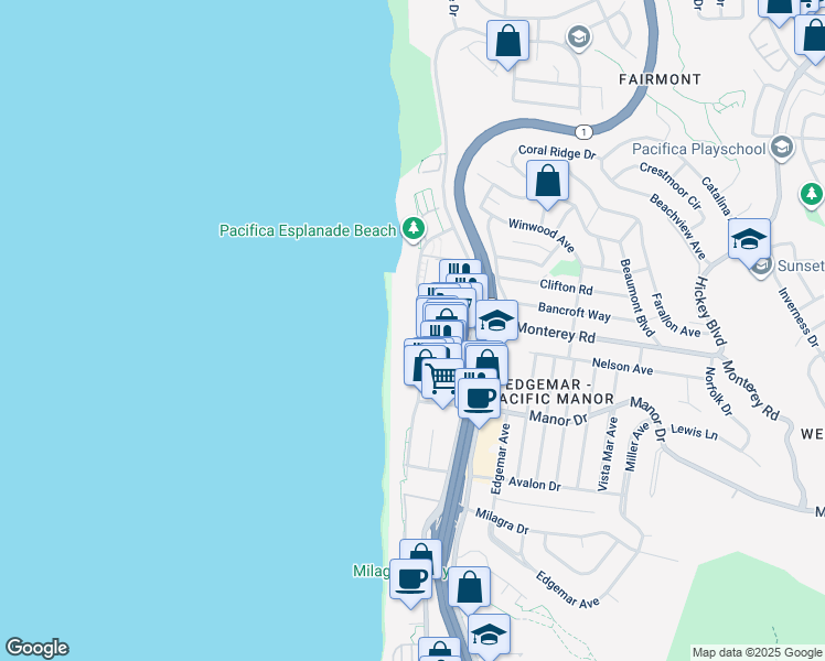 map of restaurants, bars, coffee shops, grocery stores, and more near 380 Esplanade Avenue in Pacifica