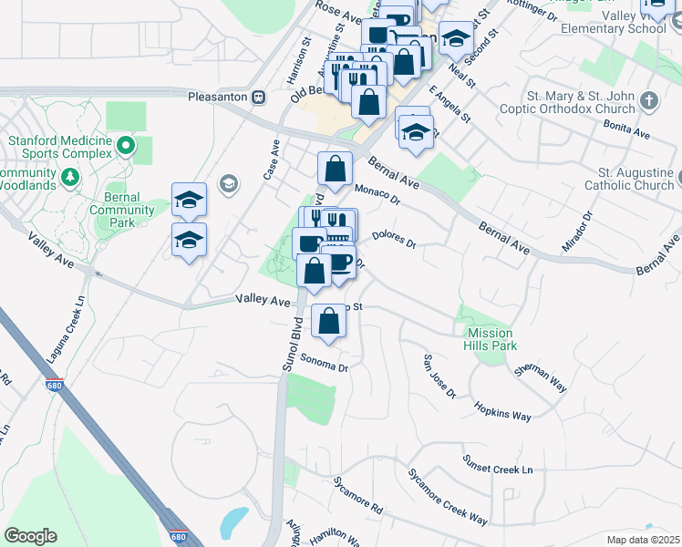 map of restaurants, bars, coffee shops, grocery stores, and more near 5345 Sonoma Drive in Pleasanton