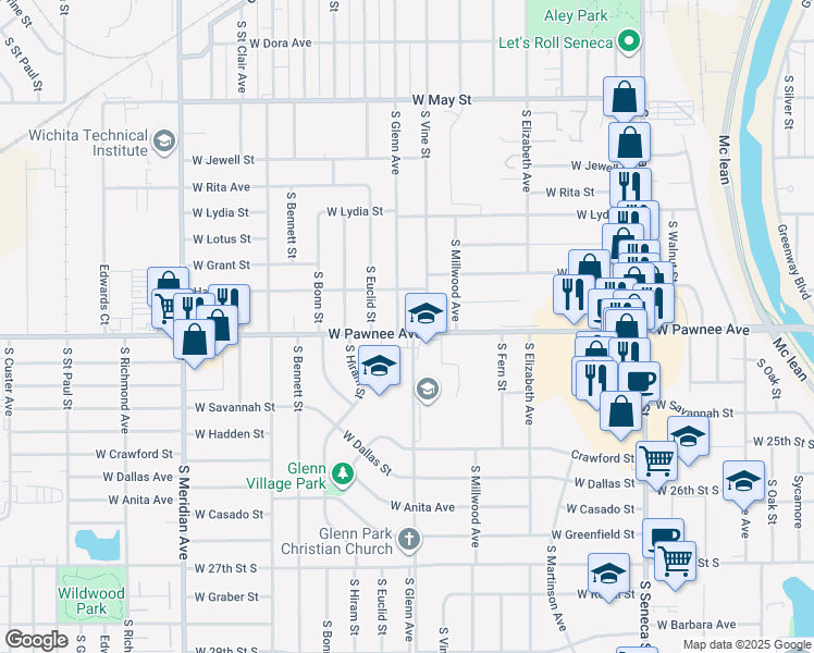 map of restaurants, bars, coffee shops, grocery stores, and more near 1838 West Pawnee Street in Wichita