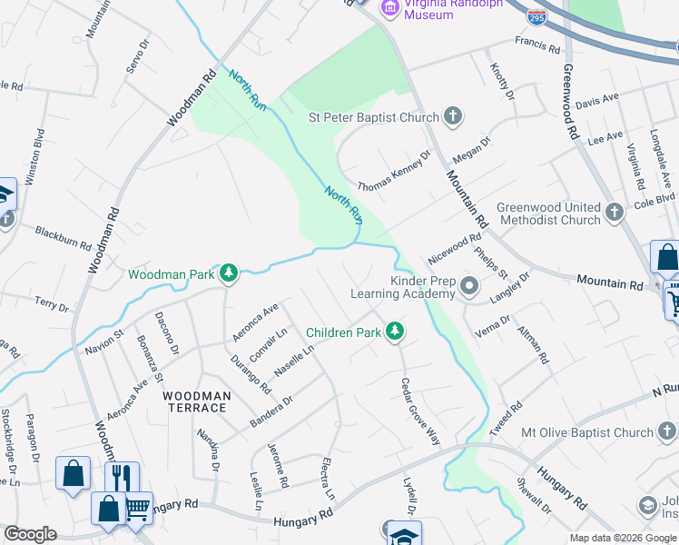 map of restaurants, bars, coffee shops, grocery stores, and more near 9732 Cedar Grove Way in Richmond