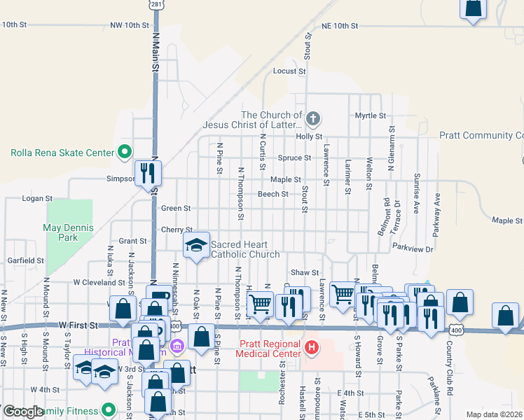 map of restaurants, bars, coffee shops, grocery stores, and more near 699 N Curtis St in Pratt