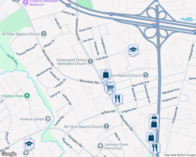 map of restaurants, bars, coffee shops, grocery stores, and more near 9932 Greenwood Road in Glen Allen