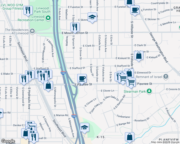 map of restaurants, bars, coffee shops, grocery stores, and more near 2325 South Green Street in Wichita