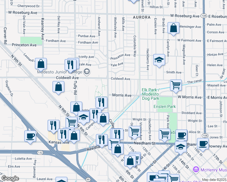 map of restaurants, bars, coffee shops, grocery stores, and more near 509 Myrtle Avenue in Modesto