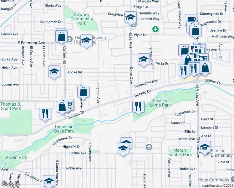 map of restaurants, bars, coffee shops, grocery stores, and more near 1625 Scenic Drive in Modesto