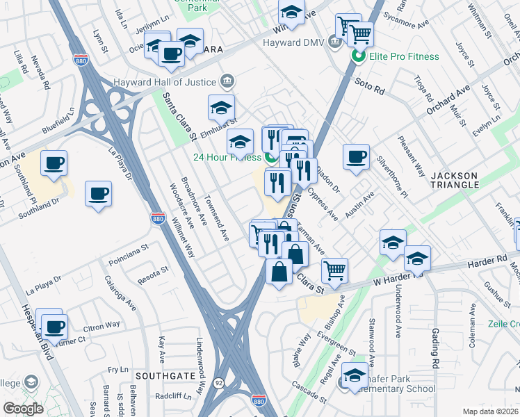 map of restaurants, bars, coffee shops, grocery stores, and more near 467 Mackenzie Place in Hayward