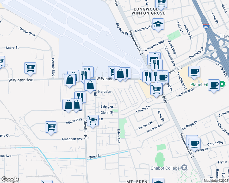 map of restaurants, bars, coffee shops, grocery stores, and more near 23305 Eden Avenue in Hayward