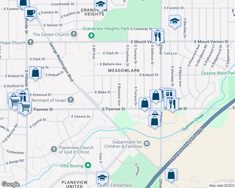 map of restaurants, bars, coffee shops, grocery stores, and more near 2308 South Broadview Street in Wichita