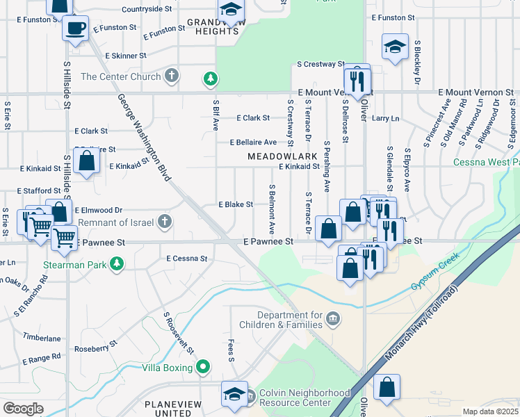 map of restaurants, bars, coffee shops, grocery stores, and more near 2308 South Broadview Street in Wichita