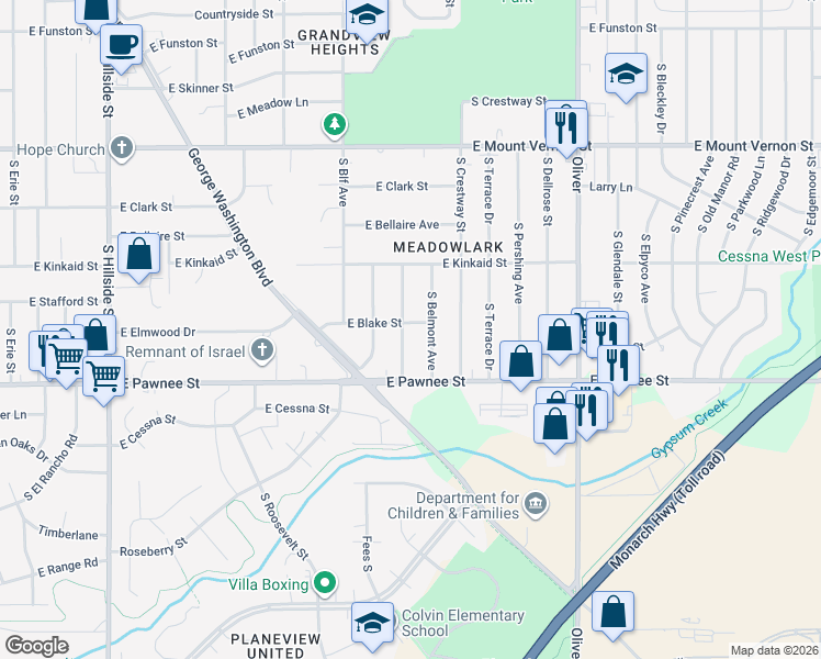 map of restaurants, bars, coffee shops, grocery stores, and more near 2308 South Broadview Street in Wichita