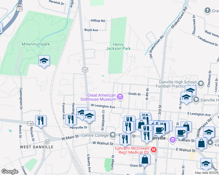map of restaurants, bars, coffee shops, grocery stores, and more near 357 Swope Drive in Danville