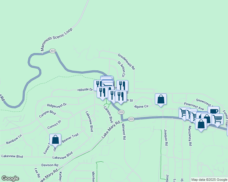 map of restaurants, bars, coffee shops, grocery stores, and more near 6244 Minaret Road in Mammoth Lakes