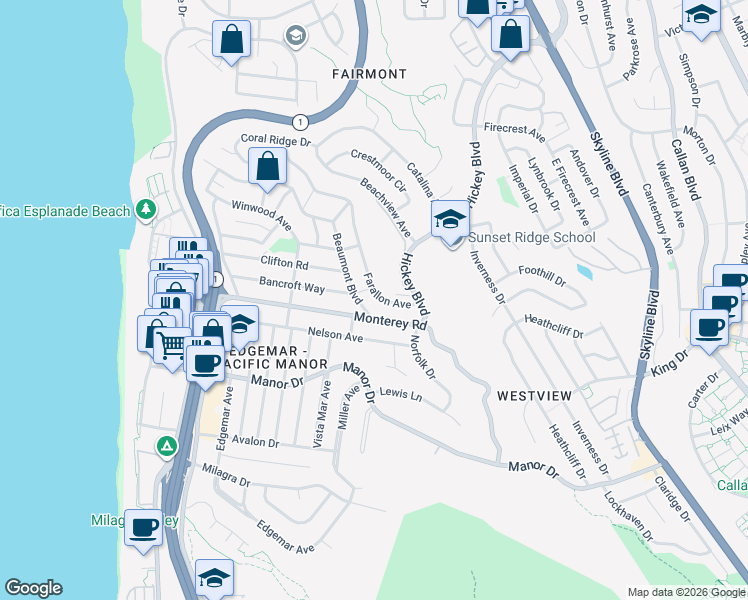 map of restaurants, bars, coffee shops, grocery stores, and more near 582 Farallon Avenue in Pacifica