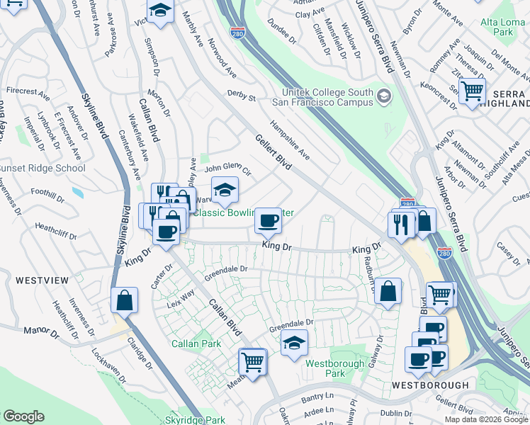 map of restaurants, bars, coffee shops, grocery stores, and more near 280 Dennis Drive in Daly City