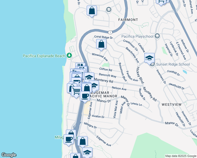 map of restaurants, bars, coffee shops, grocery stores, and more near Monterey Road in Santa Clara County