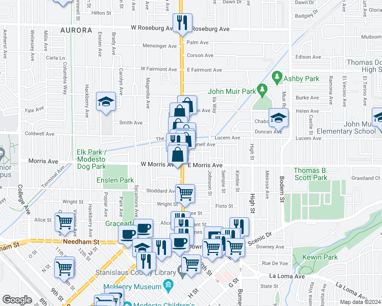 map of restaurants, bars, coffee shops, grocery stores, and more near 116 Baker Way in Modesto