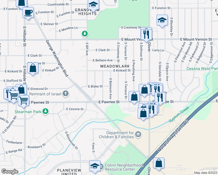 map of restaurants, bars, coffee shops, grocery stores, and more near 2308 South Broadview Street in Wichita