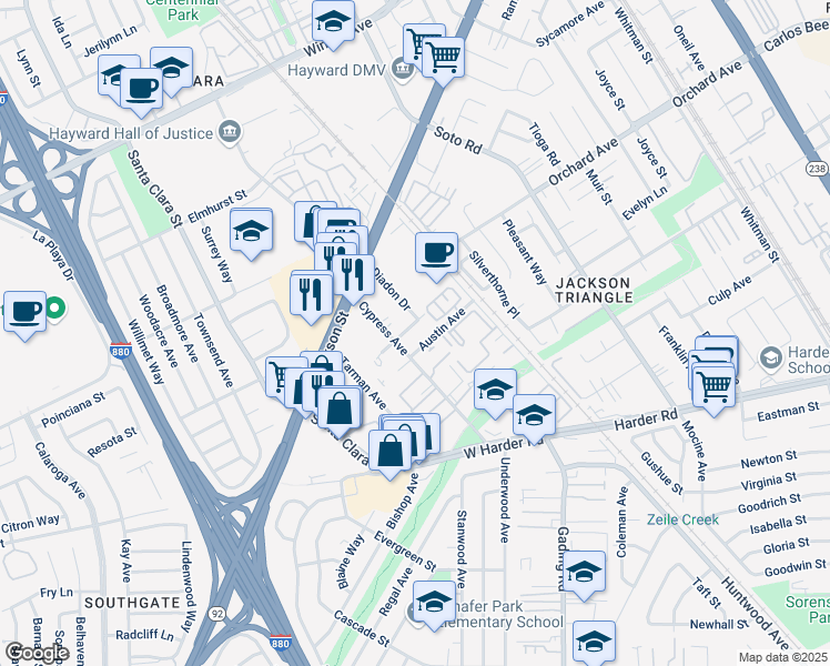 map of restaurants, bars, coffee shops, grocery stores, and more near 140 Fagundes Street in Hayward