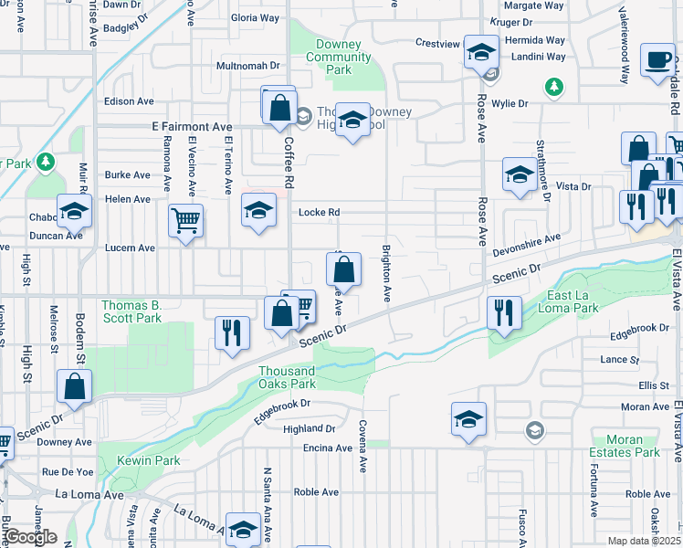 map of restaurants, bars, coffee shops, grocery stores, and more near 526 Sunnyside Avenue in Modesto