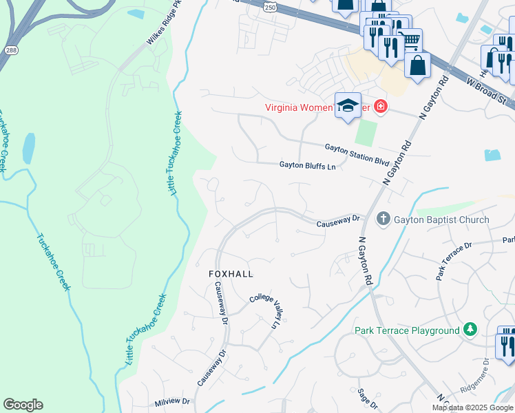 map of restaurants, bars, coffee shops, grocery stores, and more near 3313 Horselydown Court in Richmond