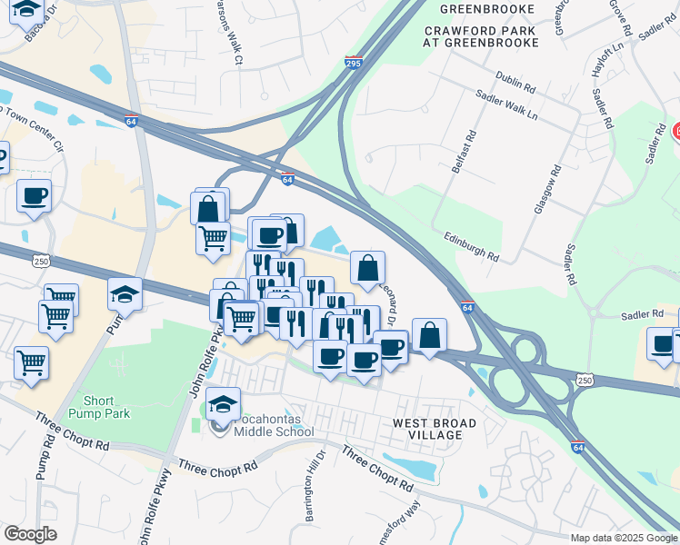 map of restaurants, bars, coffee shops, grocery stores, and more near 11240 West Broad Street in Glen Allen