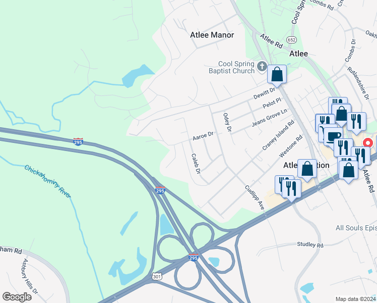 map of restaurants, bars, coffee shops, grocery stores, and more near 9143 Caleb Drive in Mechanicsville