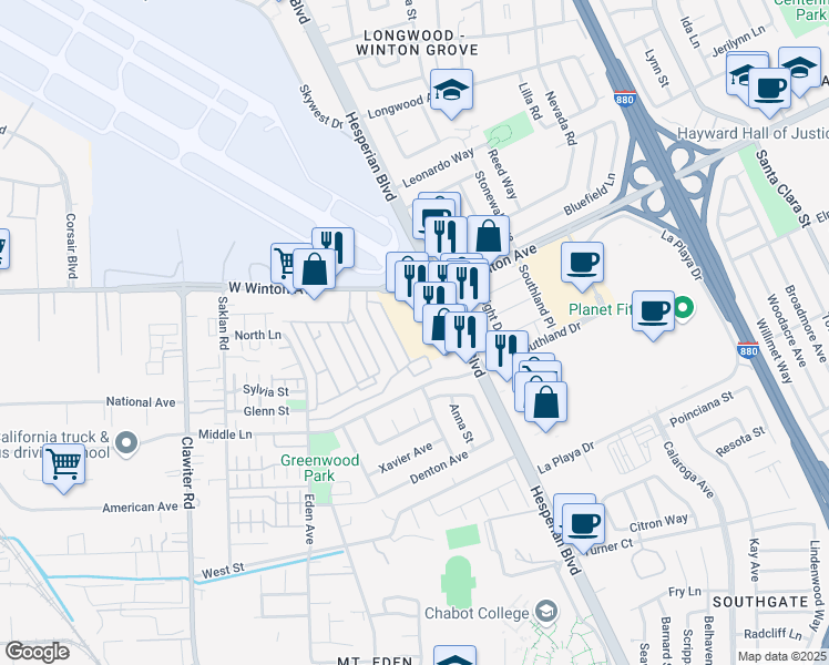 map of restaurants, bars, coffee shops, grocery stores, and more near 24055 Hesperian Boulevard in Hayward