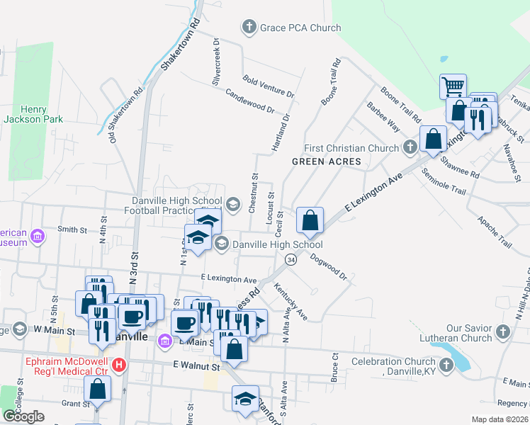 map of restaurants, bars, coffee shops, grocery stores, and more near 408 Locust Street in Danville