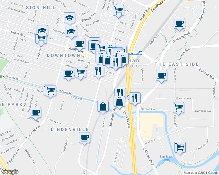 map of restaurants, bars, coffee shops, grocery stores, and more near 62 Airport Boulevard in South San Francisco