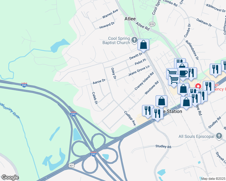 map of restaurants, bars, coffee shops, grocery stores, and more near 9152 Cudlipp Avenue in Mechanicsville