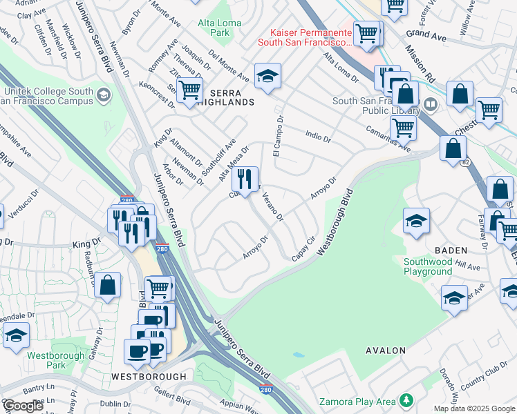 map of restaurants, bars, coffee shops, grocery stores, and more near 117 Lomitas Avenue in South San Francisco