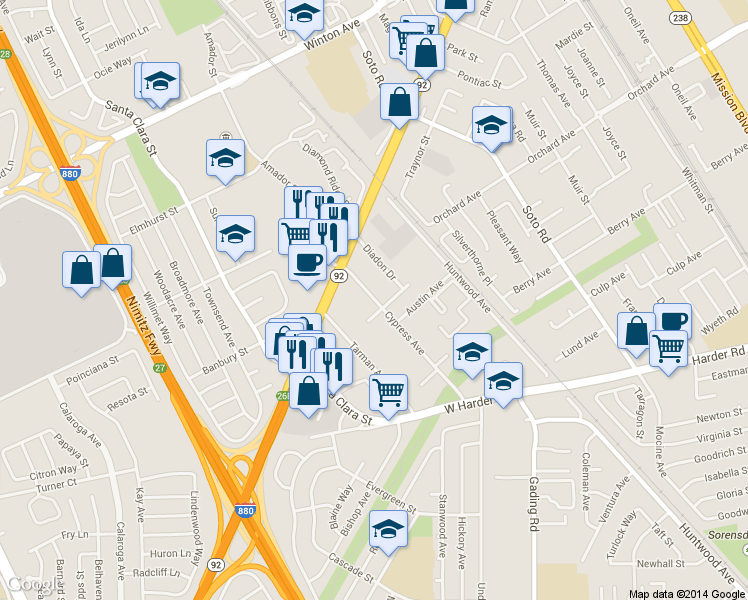 map of restaurants, bars, coffee shops, grocery stores, and more near 24955 Cypress Avenue in Hayward