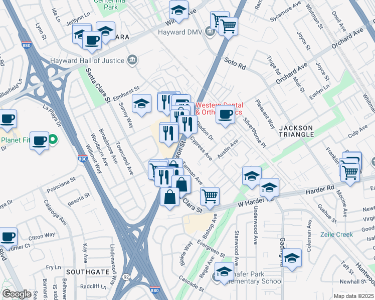 map of restaurants, bars, coffee shops, grocery stores, and more near 250 West Jackson Street in Hayward
