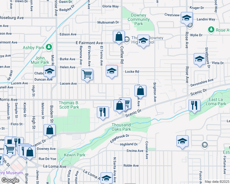 map of restaurants, bars, coffee shops, grocery stores, and more near 522 Milo Road in Modesto