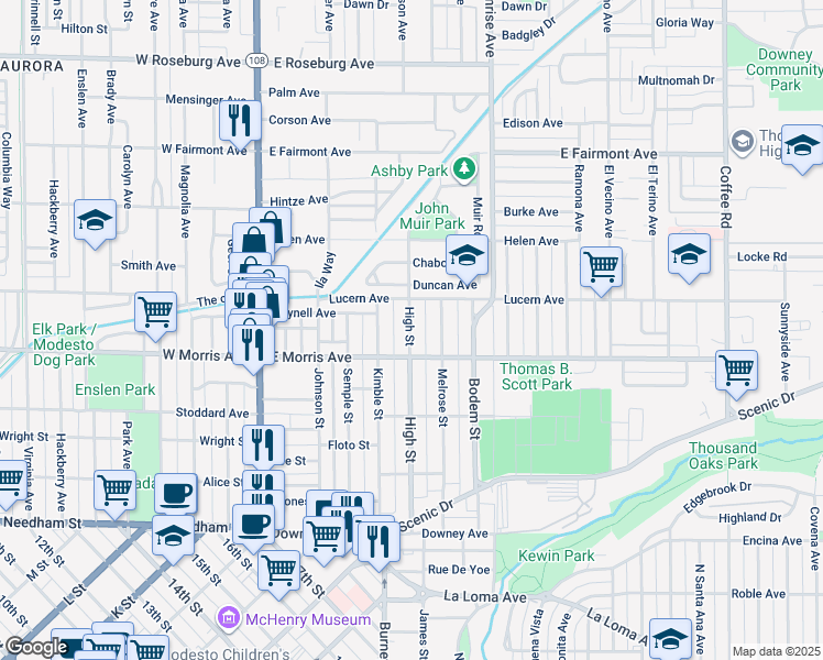 map of restaurants, bars, coffee shops, grocery stores, and more near 509 High Street in Modesto
