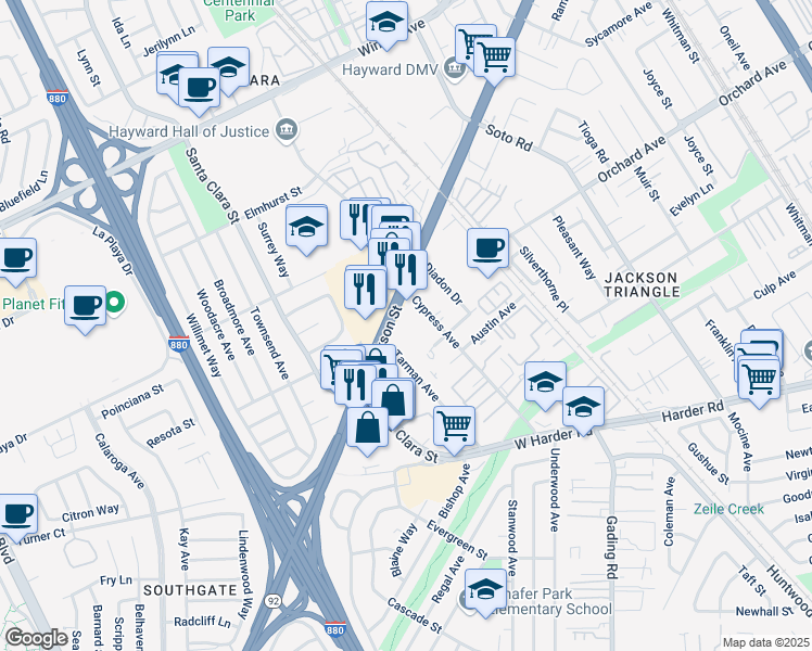 map of restaurants, bars, coffee shops, grocery stores, and more near 250 West Jackson Street in Hayward