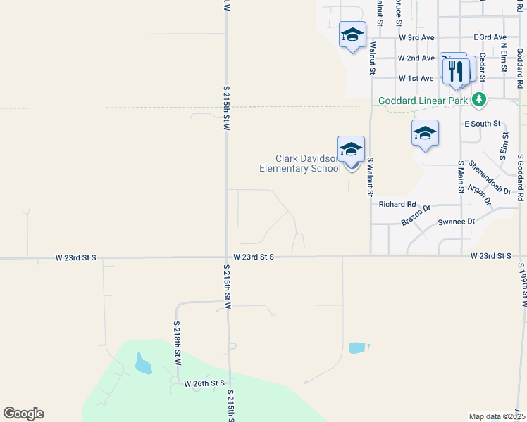 map of restaurants, bars, coffee shops, grocery stores, and more near 2434 South 215th Street West in Goddard