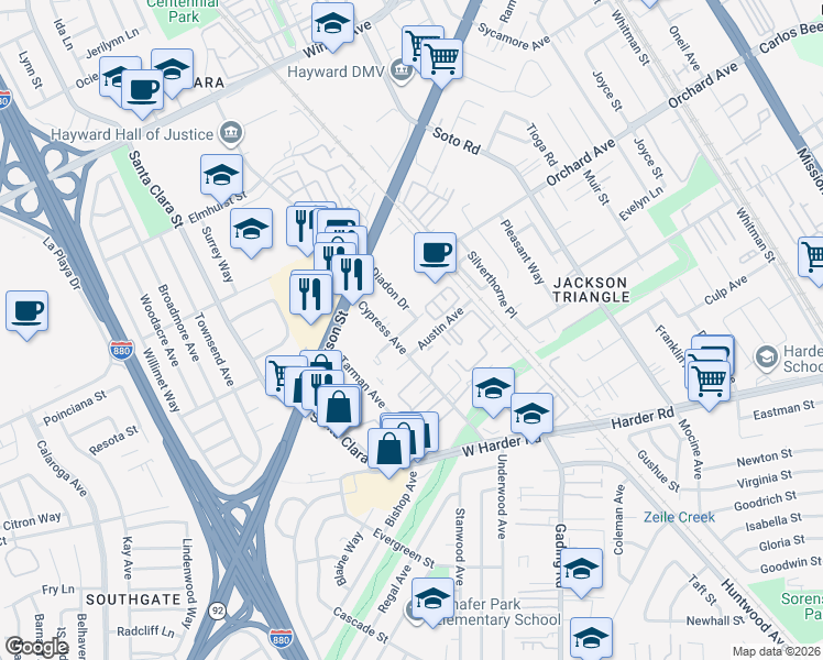 map of restaurants, bars, coffee shops, grocery stores, and more near 140 Fagundes Street in Hayward