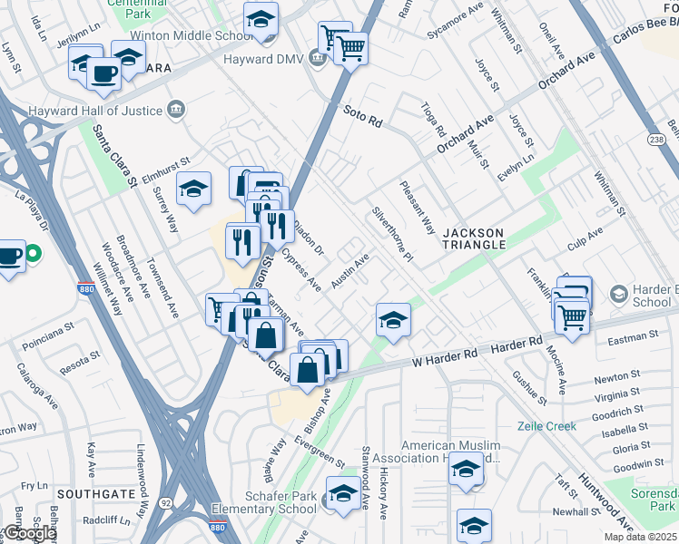 map of restaurants, bars, coffee shops, grocery stores, and more near Austin Avenue in Hayward