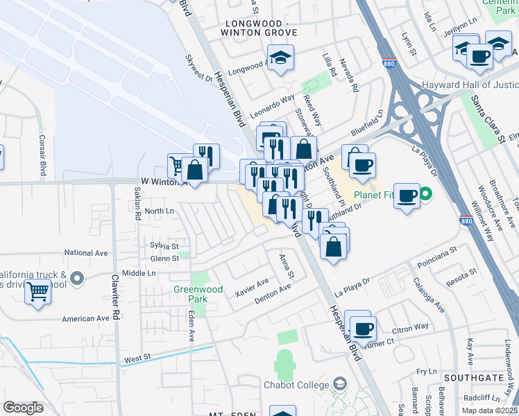 map of restaurants, bars, coffee shops, grocery stores, and more near 24055 Hesperian Boulevard in Hayward