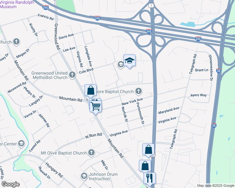 map of restaurants, bars, coffee shops, grocery stores, and more near 1400 Rhode Island Avenue in Glen Allen