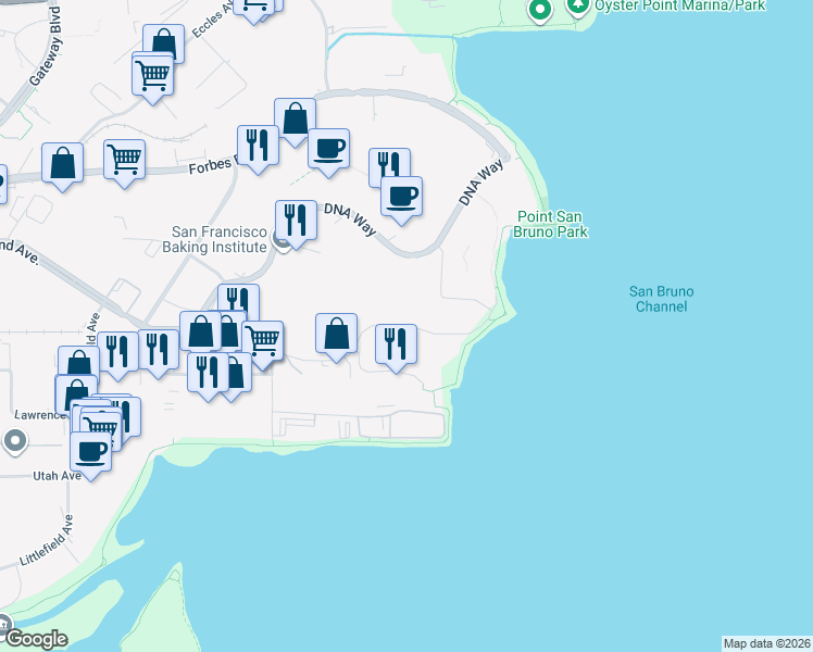 map of restaurants, bars, coffee shops, grocery stores, and more near 453 East Grand Avenue in South San Francisco