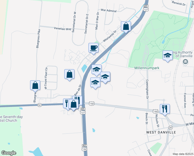 map of restaurants, bars, coffee shops, grocery stores, and more near 1661 Perryville Road in Danville