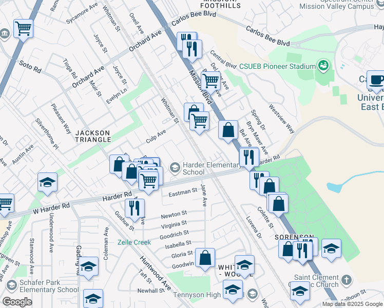 map of restaurants, bars, coffee shops, grocery stores, and more near in Hayward