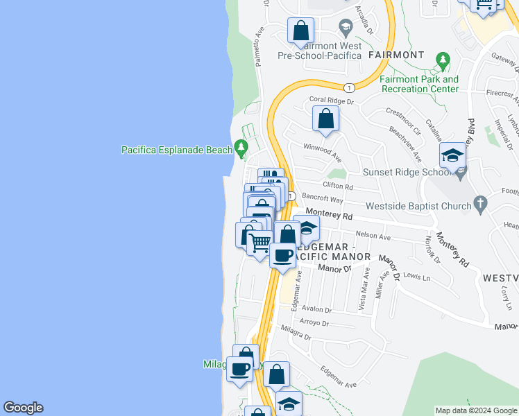 map of restaurants, bars, coffee shops, grocery stores, and more near 83 Bill Drake Way in Pacifica