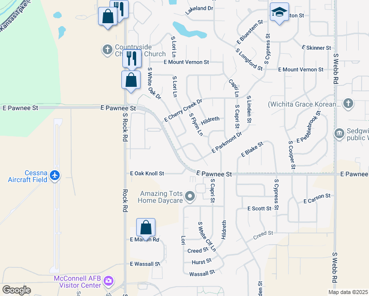 map of restaurants, bars, coffee shops, grocery stores, and more near 2328 South White Oak Drive in Wichita