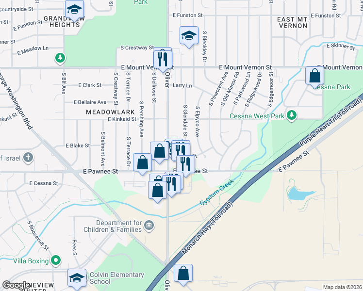 map of restaurants, bars, coffee shops, grocery stores, and more near 2290 Oliver in Wichita